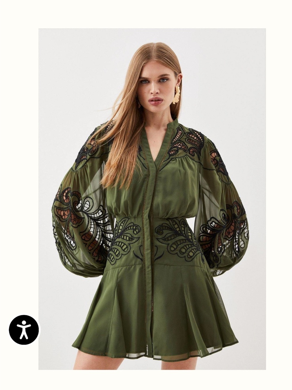 Karen Millen Olive Green Embroidered Cutwork Mini Dress